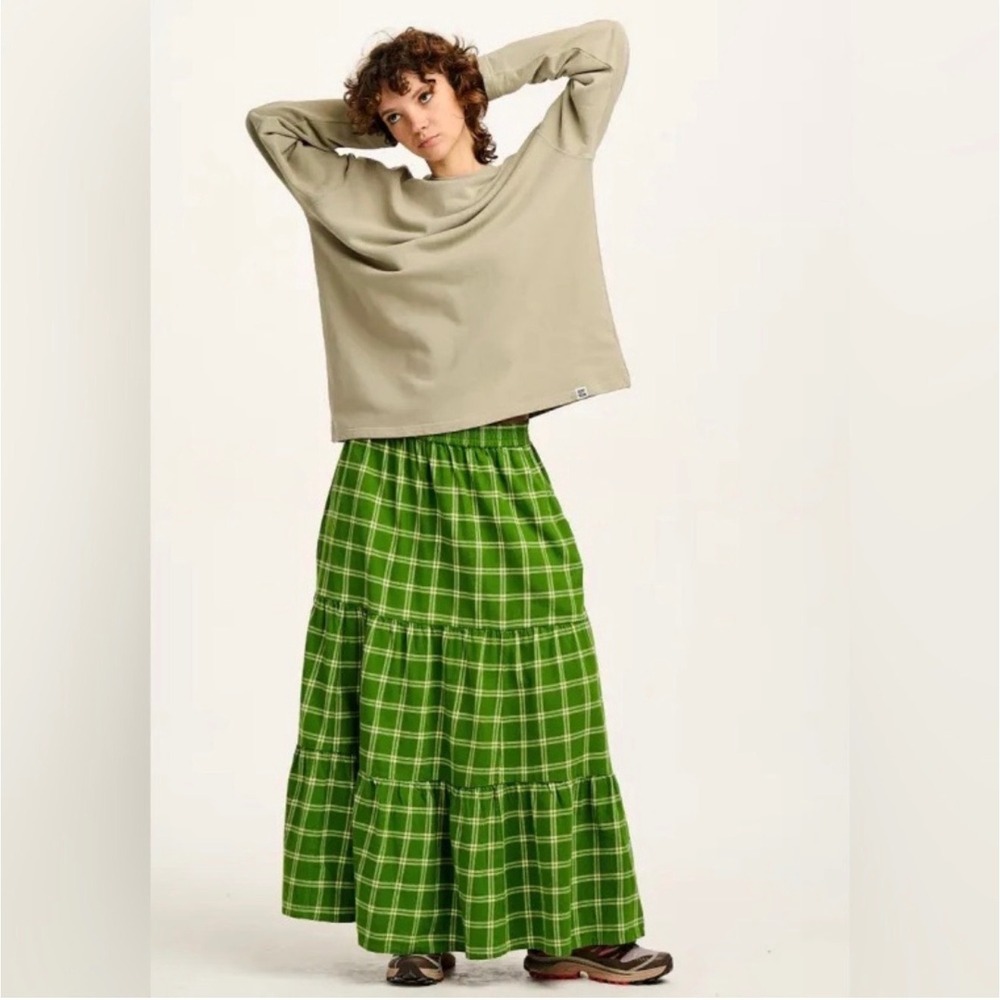 Lucy & Yak Brie Clora Check Plaid Green Organic Cotton Tiered Maxi Skirt S boho